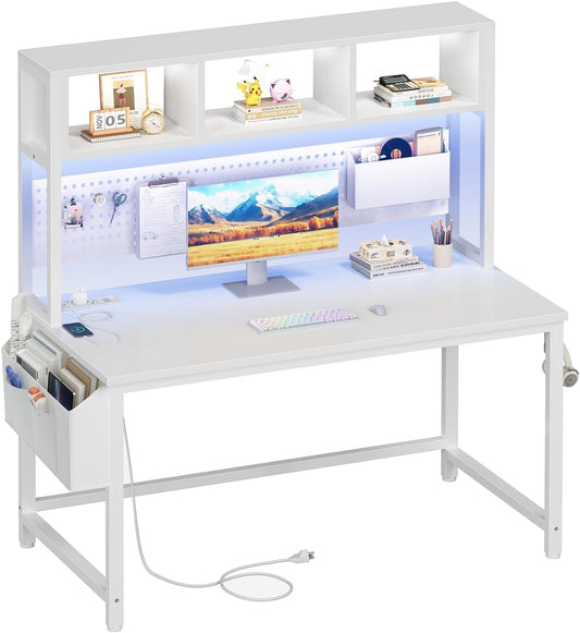47 Zoll Schreibtisch mit LED, Steckdosen und Pegboard in Weiß