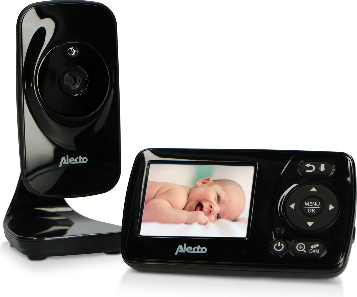 Alecto Babyphone in Schwarz mit Kamera und Farbdisplay zur komfortablen Videoüberwachung des Babys.
