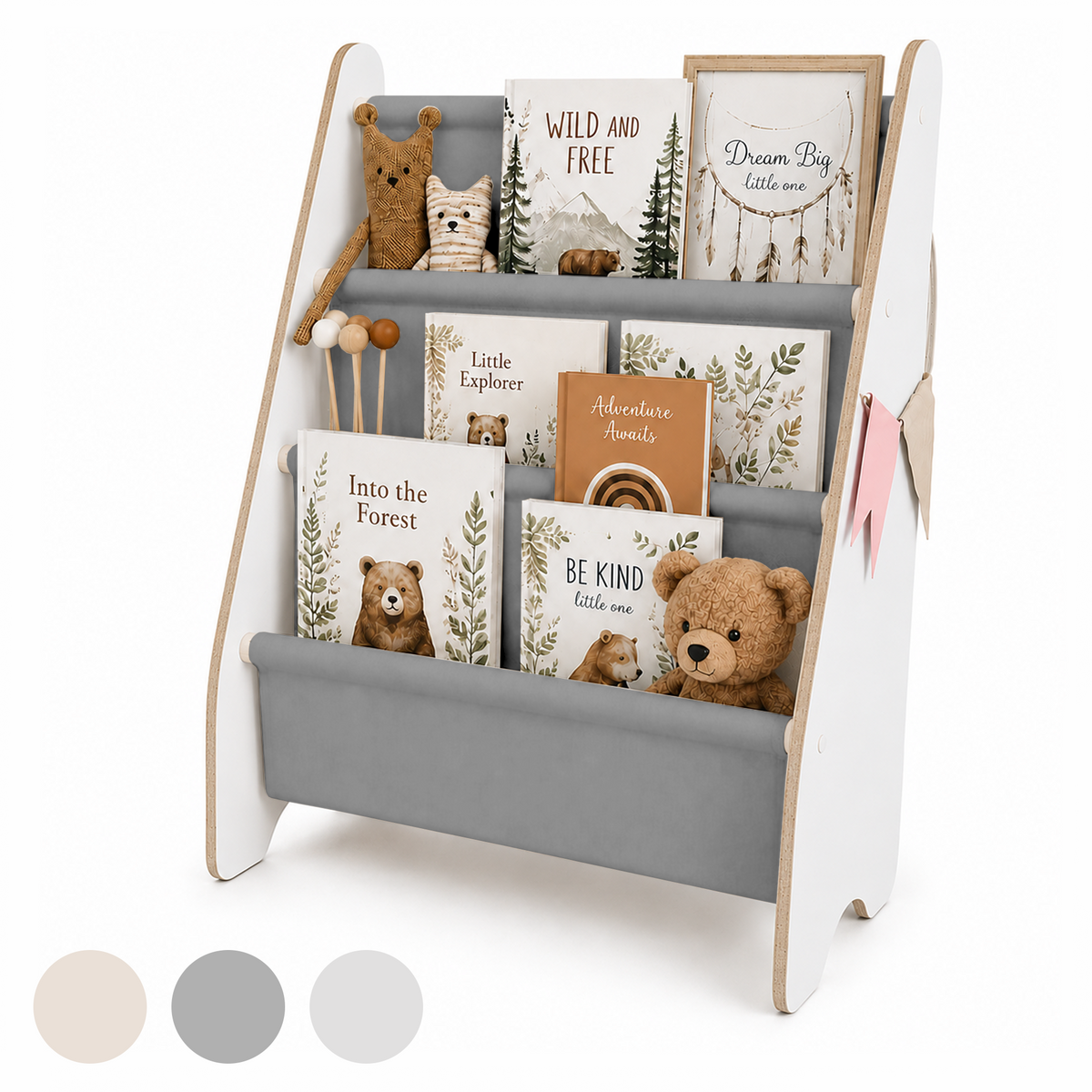 Kinder Bücherregal aus Holz mit Stofftaschen für Bücher