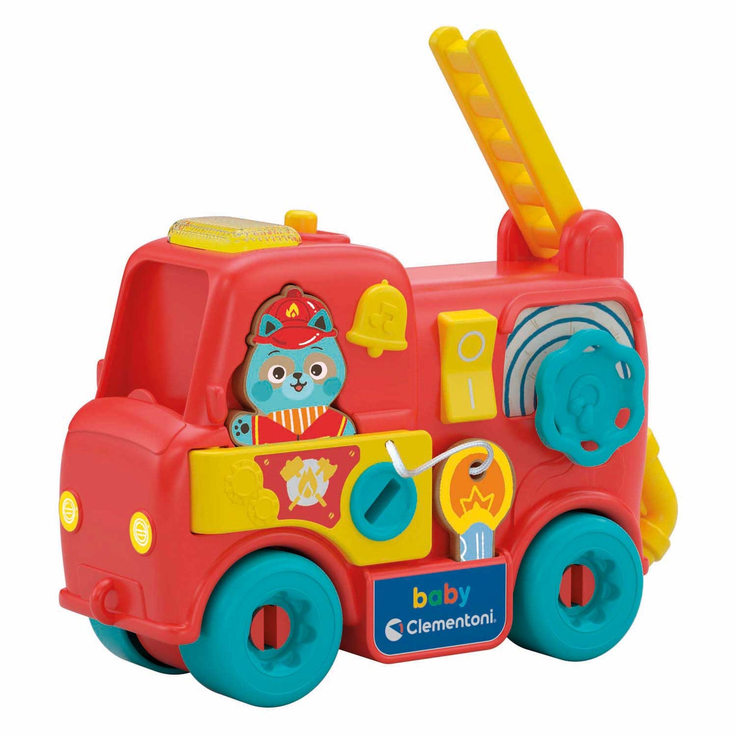 Clementoni Feuerwehr-Auto für Kinder mit bunten Spielelementen, Drehknopf, Schalter und beweglicher Leiter.