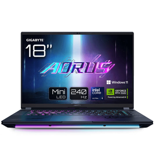 GIGABYTE AORUS 18 Zoll Gaming Laptop mit Mini LED Display, 240 Hz, Intel Core Ultra 9 und GeForce RTX Grafik.