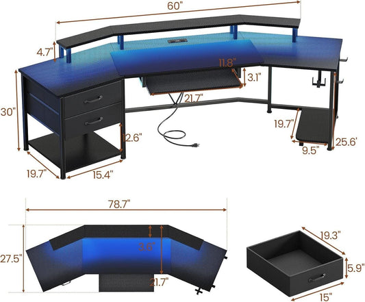 Großer Gaming-Schreibtisch mit LED-Beleuchtung, Monitorablage, Stauraum und viel Platz für Dein Gaming-Setup.