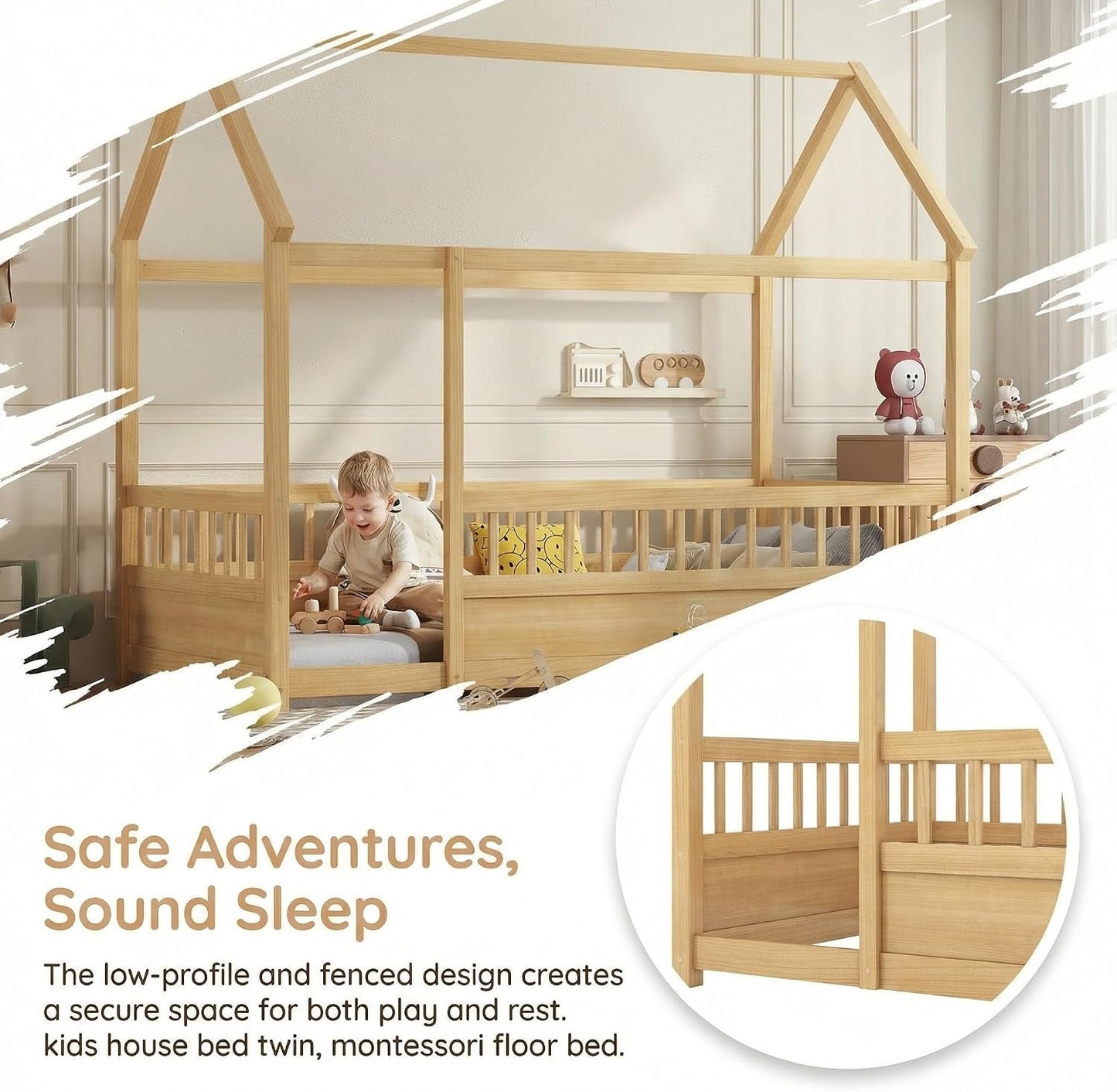 Montessori Hausbett aus Holz mit Rausfallschutz in Twin oder Full