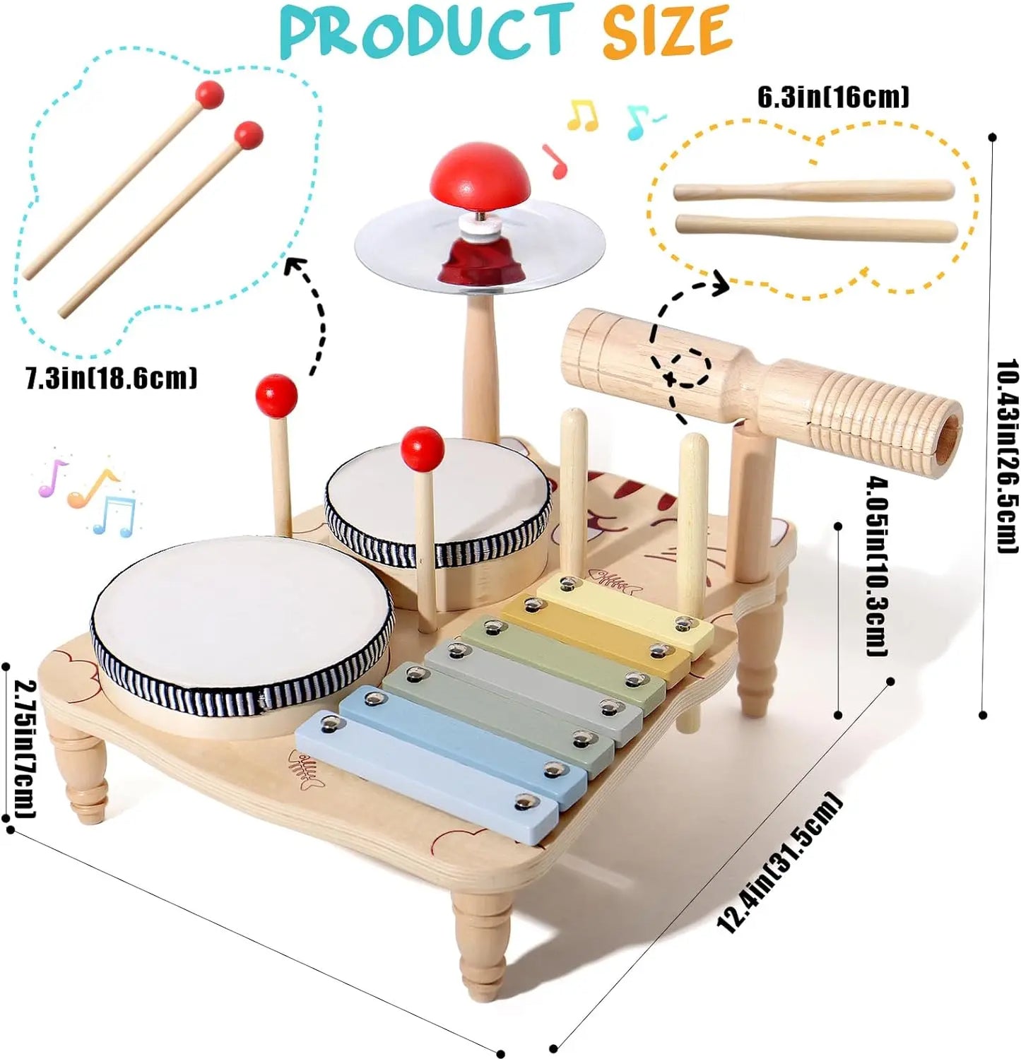 Montessori Musikinstrumente aus Holz mit Xylophon und Trommel