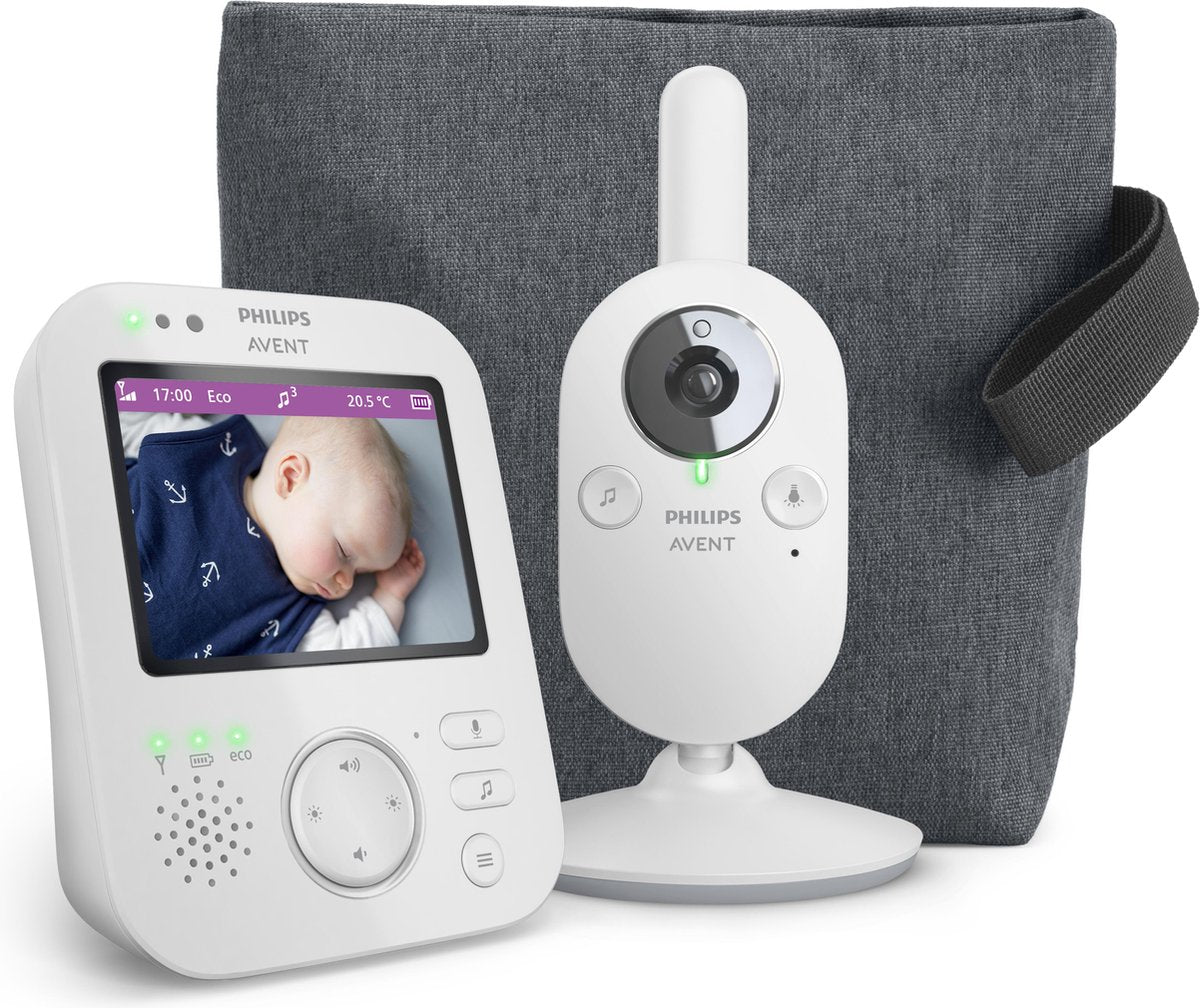 Philips Avent Video Babyphone mit Kamera, Farbdisplay und Tragetasche zur komfortablen Babyüberwachung.