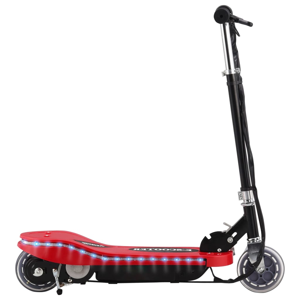 Roter Elektro Scooter für Kinder mit LED-Beleuchtung, breitem Trittbrett und höhenverstellbarem Lenker.