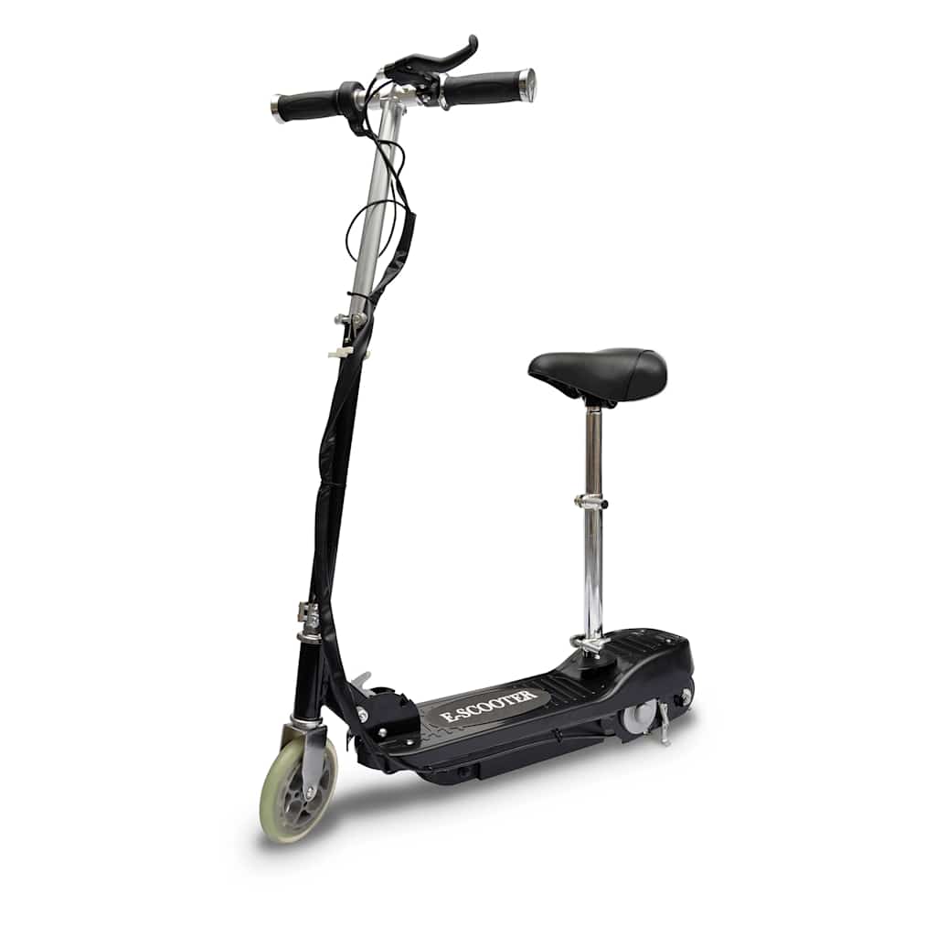 Schwarzer Elektro Scooter mit Sitz, Lenker und breitem Trittbrett für komfortablen Fahrspaß im Alltag.
