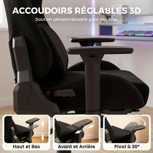 Chaise Gaming Ergonomique Massante et Coussin Lombaire Chauffant, Fauteuil Gaming Inclinable en Lin, Accoudoirs 3D, Noir