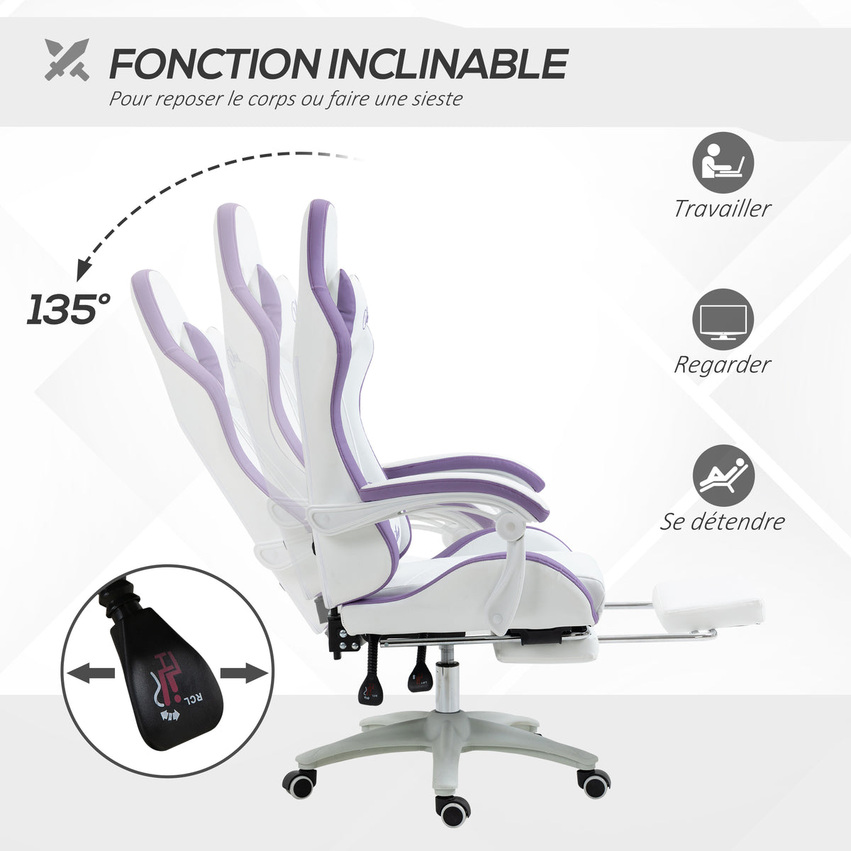 Chaise gaming fauteuil gaming ergonomique avec dossier inclinable à 135° et soutien lombaire, 65 x 65 x 121-129 cm blanc