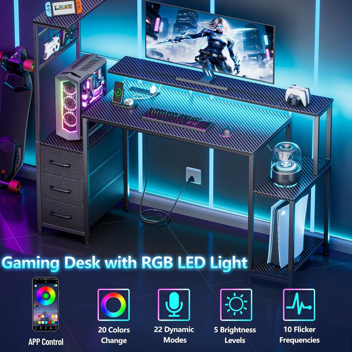 48 Zoll Gaming Schreibtisch mit RGB LED, Steckdosen und Stauraum
