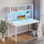 47 Zoll Schreibtisch mit LED, Steckdosen und Pegboard in Weiß