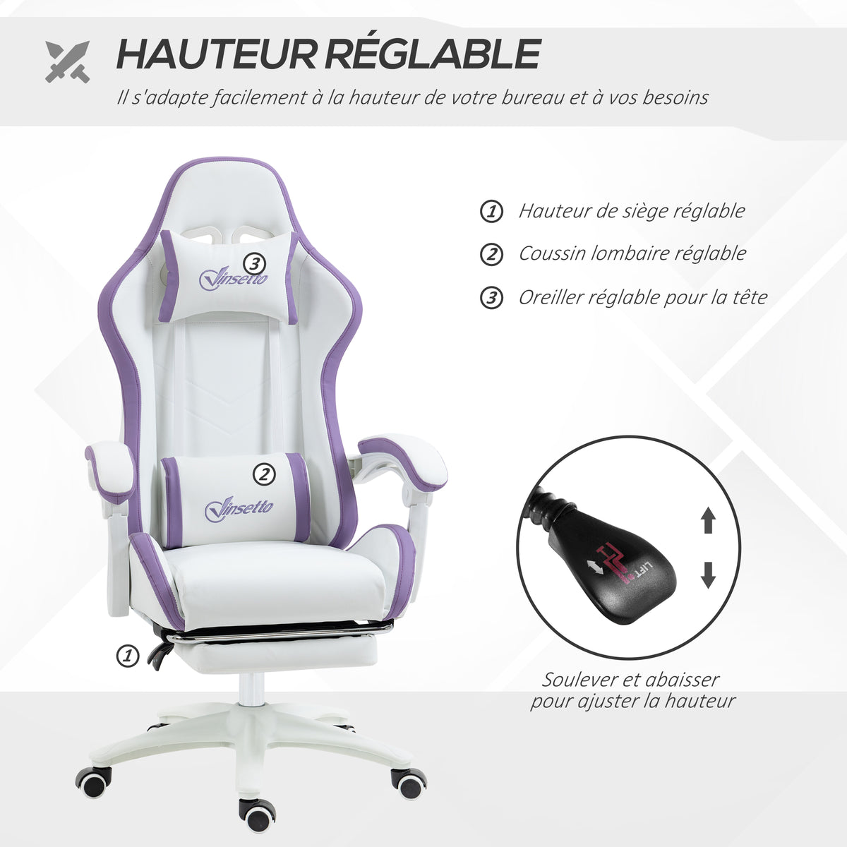 Chaise gaming fauteuil gaming ergonomique avec dossier inclinable à 135° et soutien lombaire, 65 x 65 x 121-129 cm blanc