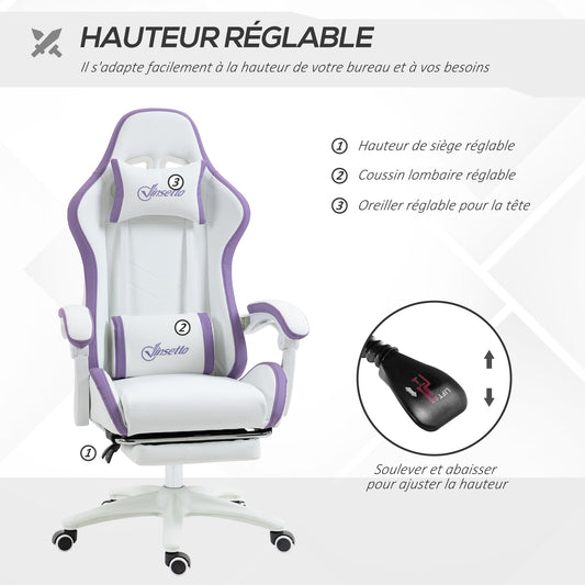 Chaise gaming fauteuil gaming ergonomique avec dossier inclinable à 135° et soutien lombaire, 65 x 65 x 121-129 cm blanc