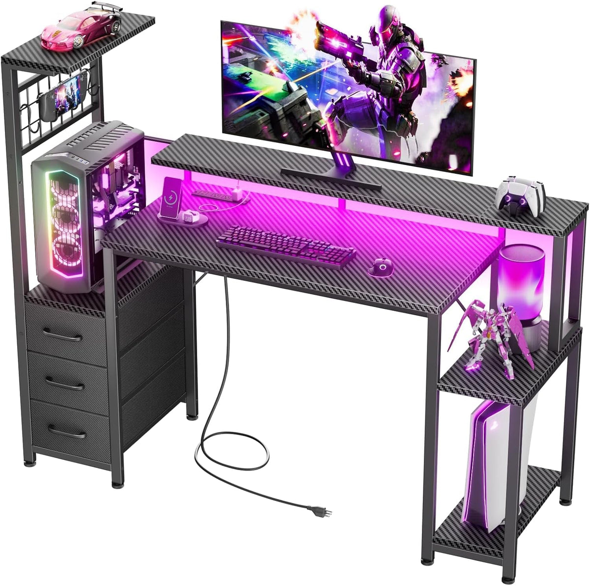 48 Zoll Gaming Schreibtisch mit RGB LED, Steckdosen und Stauraum