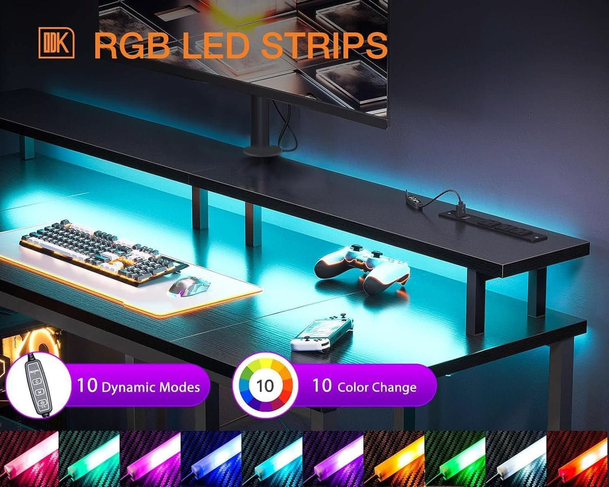 55 Zoll Gaming Schreibtisch mit LED, Monitoraufsatz und PC Ablage