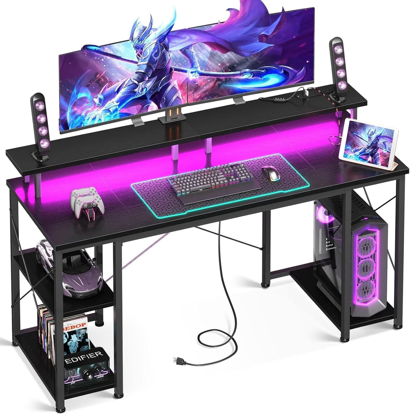55 Zoll Gaming Schreibtisch mit LED, Monitoraufsatz und PC Ablage