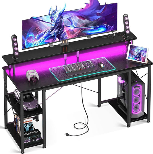 55 Zoll Gaming Schreibtisch mit LED, Monitoraufsatz und PC Ablage