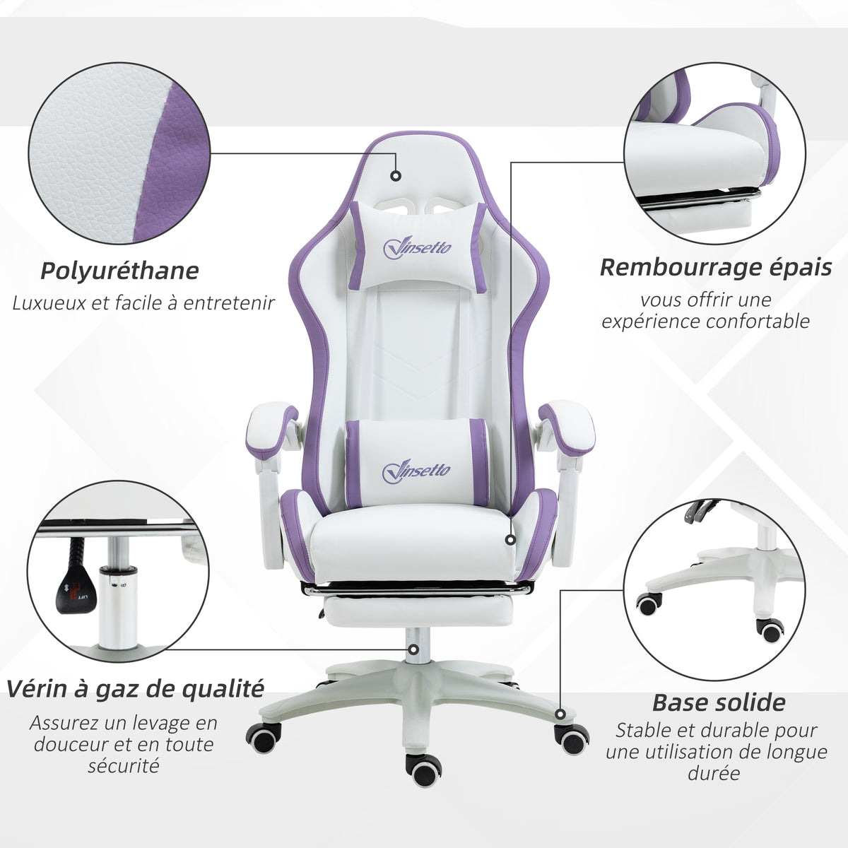 Chaise gaming fauteuil gaming ergonomique avec dossier inclinable à 135° et soutien lombaire, 65 x 65 x 121-129 cm blanc