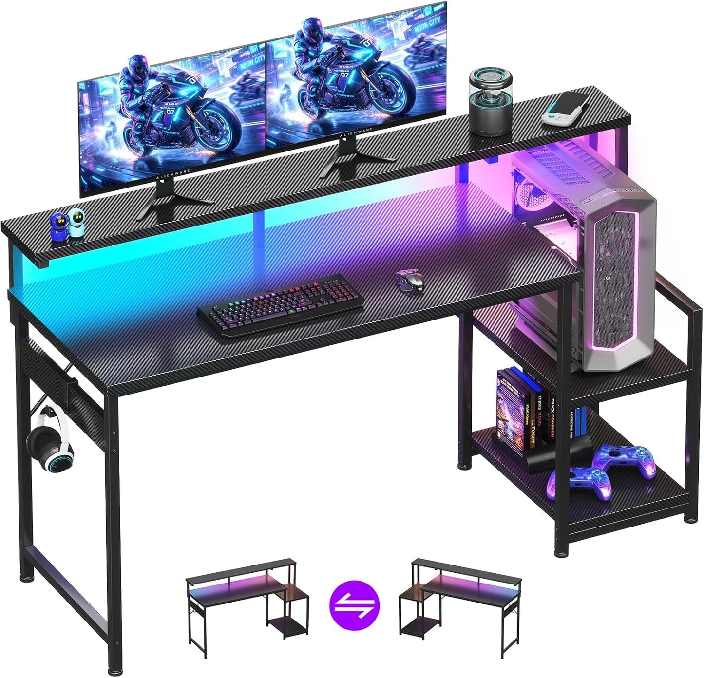55 Inch Gaming Desk With LED Lights-0