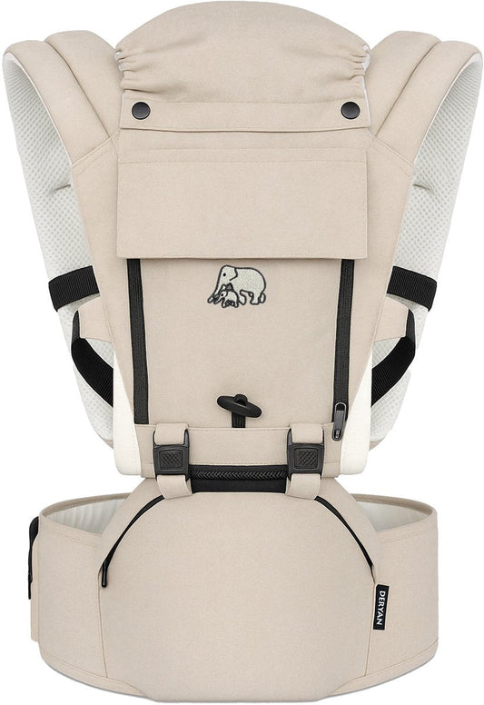 Deryan Pack ergonomische Babytrage mit Hüftgurt und Aufbewahrungsfächern