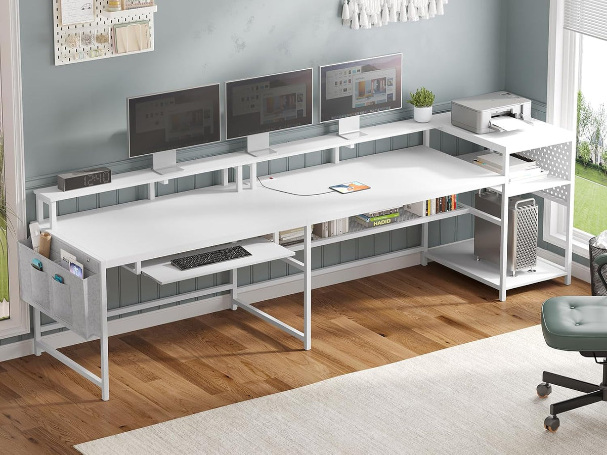 96 Zoll L Gaming Schreibtisch für 2 Personen mit LED und Steckdosen