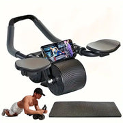 Bauchtrainer mit breitem Rad, gepolsterten Armstützen und Smartphone-Halterung für effektives Core-Training zu Hause.