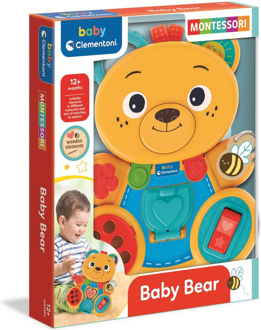 Clementoni Montessori Baby Bear Lernspielzeug ab 12 Monaten mit bunten Spielelementen und Holzdetails.