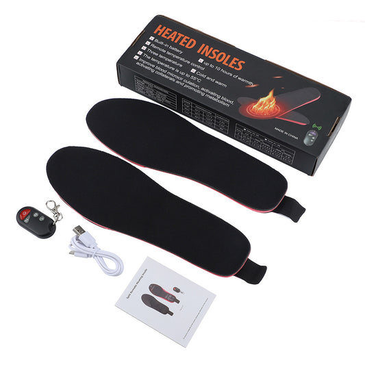 Beheizbare Einlegesohlen mit Fernbedienung, drei Wärmestufen und USB-Ladekabel für angenehm warme Füße.