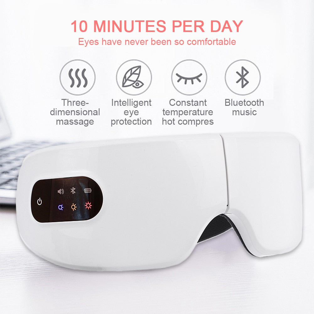 Elektrisches Augenmassagegerät mit Wärmefunktion, 3D-Massage und Bluetooth-Musik für entspannte Augen.