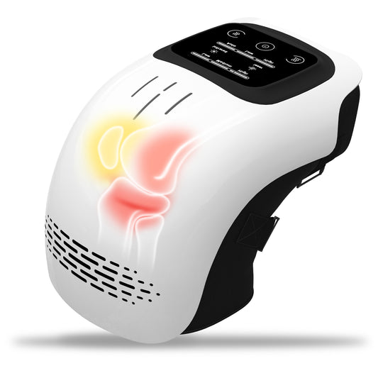 Elektrisches Knie-Massagegerät mit Wärmefunktion, Touch-Bedienung und verstellbaren Gurten für komfortable Anwendung.