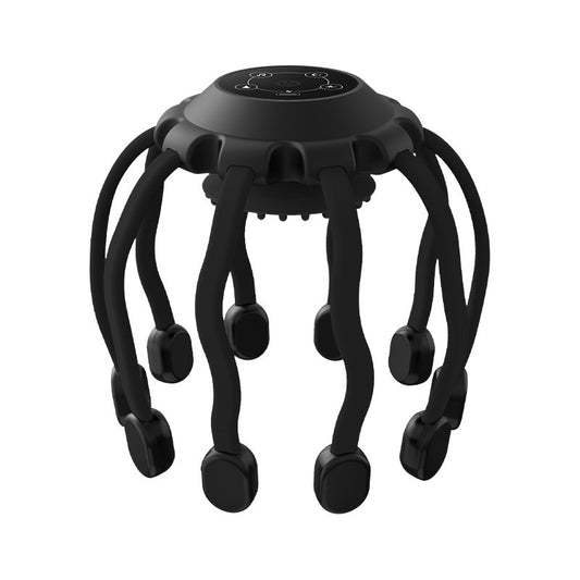Elektrisches Kopfmassagegerät in Schwarz mit flexiblen Massagearmen und mehreren Massagepunkten für Zuhause.