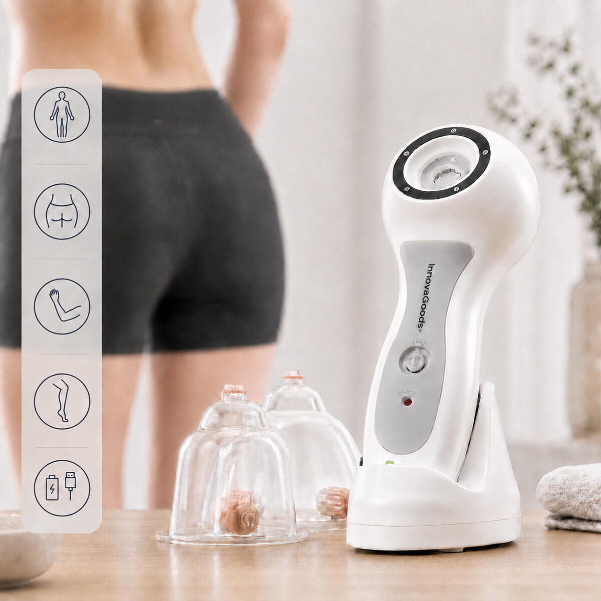 Elektrisches Schröpfmassagegerät mit Vakuumfunktion und verschiedenen Aufsätzen für Rücken, Arme und Beine.