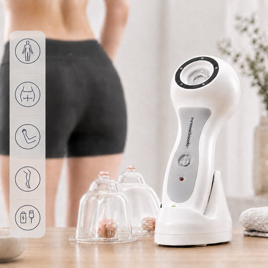Elektrisches Schröpfmassagegerät mit Vakuumfunktion und verschiedenen Aufsätzen für Rücken, Arme und Beine.