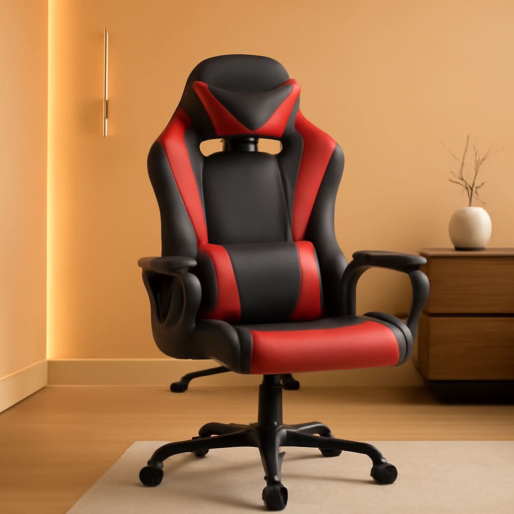 Ergonomischer Gaming-Stuhl in Schwarz-Rot mit hoher Rückenlehne, Kopfstütze, Armlehnen und Rollen.