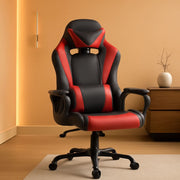 Ergonomischer Gaming-Stuhl in Schwarz-Rot mit hoher Rückenlehne, Kopfstütze, Armlehnen und Rollen.