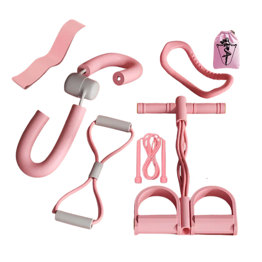 Rosa Fitness Set mit Widerstandsbändern, Expander und Springseil für vielseitiges Ganzkörpertraining zu Hause.