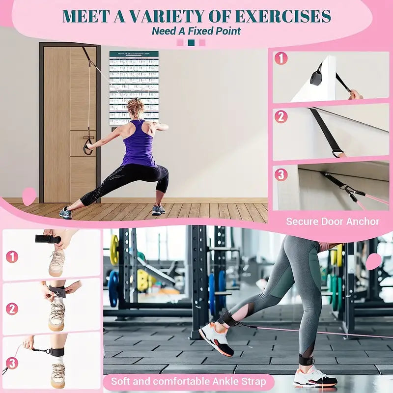 Fitness Widerstandsbänder mit Türanker und Fußschlaufen für vielseitiges Ganzkörpertraining zu Hause.