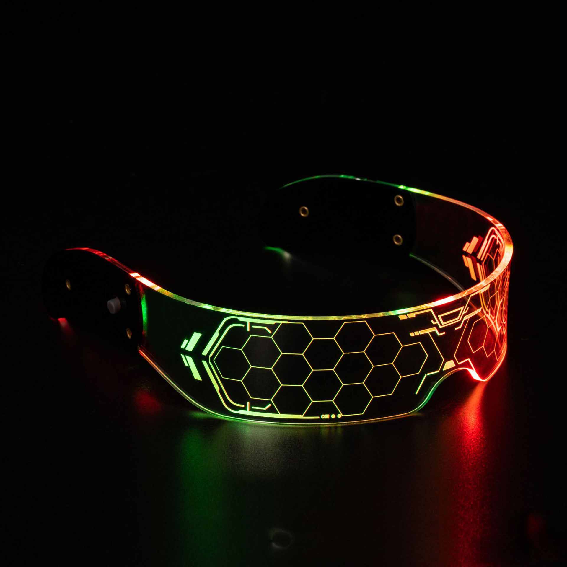 Futuristische LED-Cyberpunk-Brille mit leuchtendem Wabenmuster für Party, Festival, Cosplay und Events.