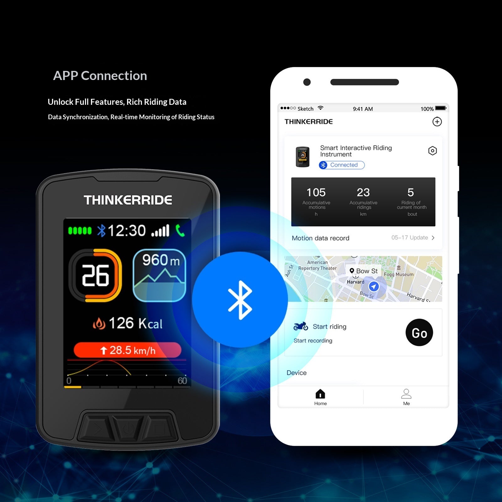 Smarter GPS-Fahrradcomputer mit Bluetooth und App-Verbindung zur Anzeige und Auswertung Deiner Fahrdaten.