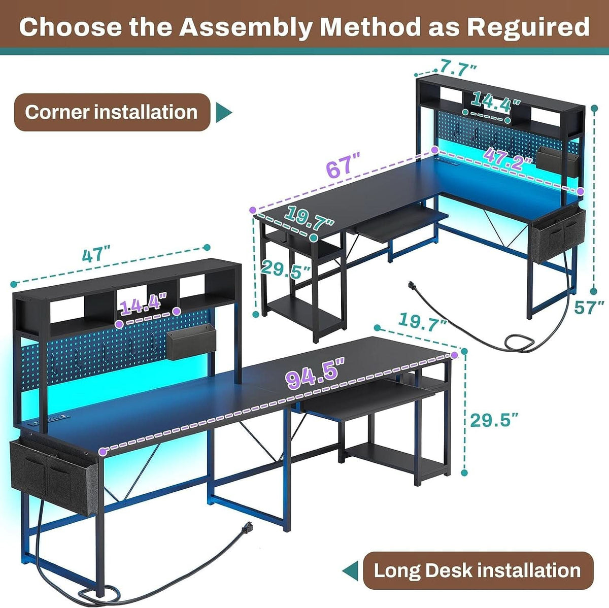 L-förmiger Gaming-Schreibtisch mit LED-Beleuchtung, Regal, Stauraum und großer Arbeitsfläche für Dein Setup.