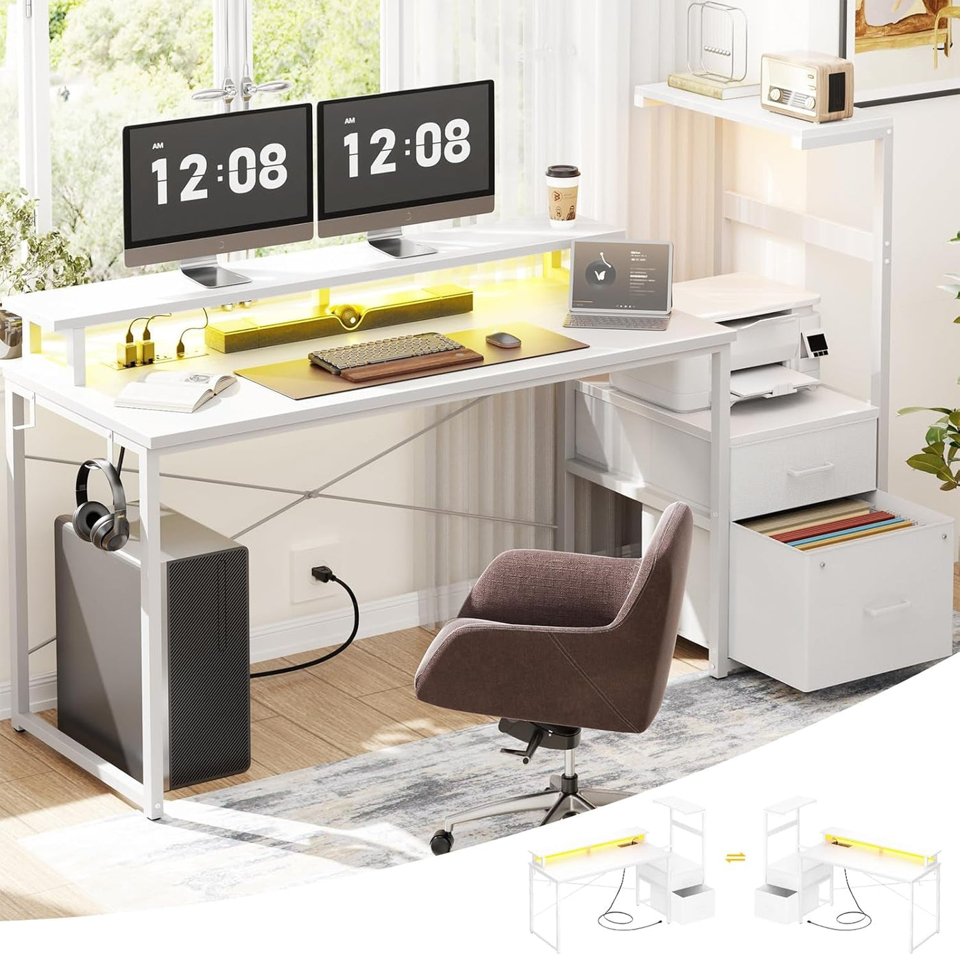 Weißer Gaming-Schreibtisch mit LED-Beleuchtung, Monitorablage, Schubladen und praktischem Seitenregal.