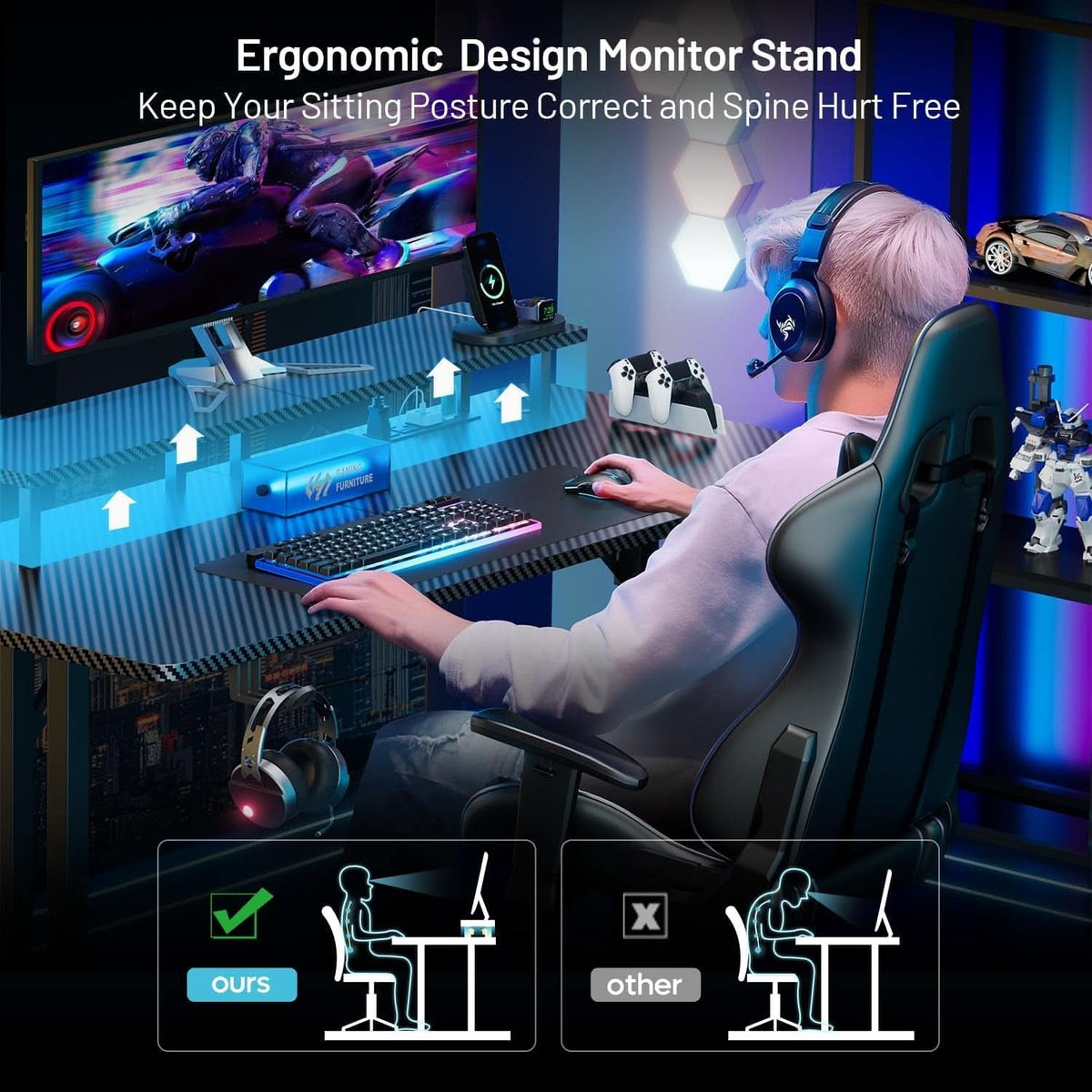 Gaming-Schreibtisch mit erhöhter Monitorablage für eine ergonomische Sitzposition und mehr Komfort beim Spielen.
