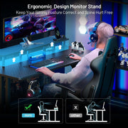 Gaming-Schreibtisch mit erhöhter Monitorablage für eine ergonomische Sitzposition und mehr Komfort beim Spielen.