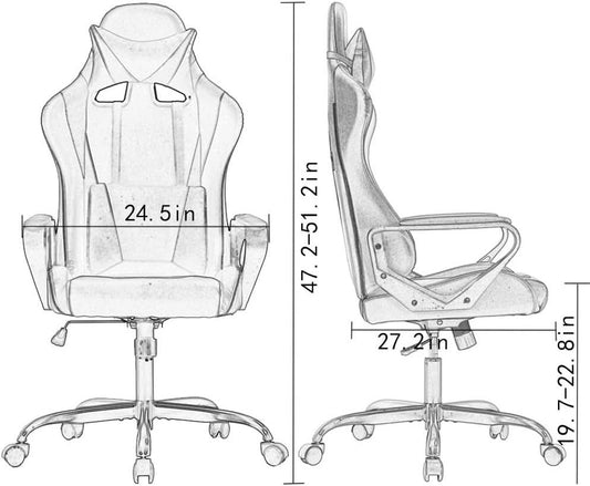 Ergonomischer Gaming-Stuhl in Schwarz-Rot mit hoher Rückenlehne, Kopfstütze, Armlehnen und Rollen.
