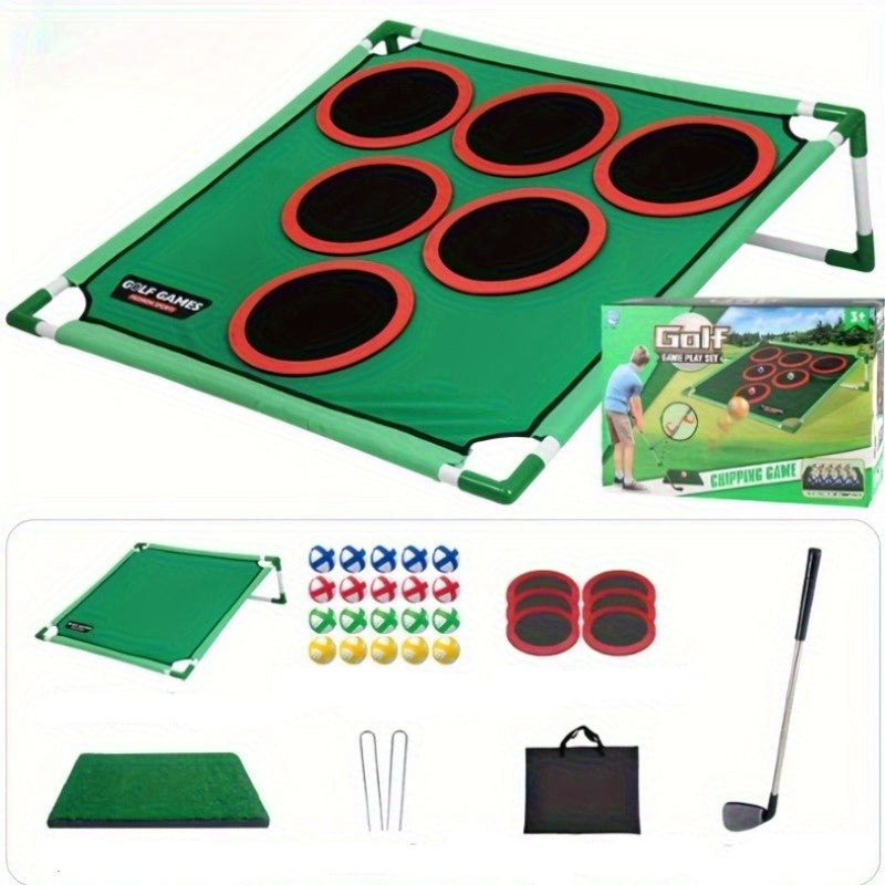 Golf Chipping Spielset mit Zielmatte, sechs Zielfeldern, Golfbällen und Schläger für Training und Freizeit.