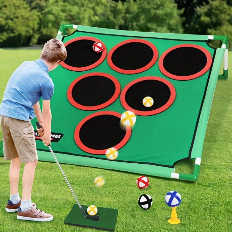 Golf Chipping Spielset mit Zielmatte, sechs Zielfeldern, Golfbällen und Schläger für Training und Freizeit.