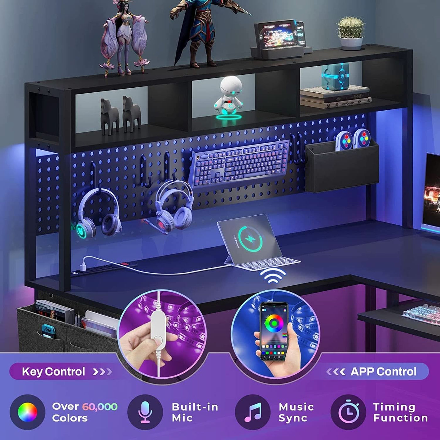 L-förmiger Gaming-Schreibtisch mit LED-Beleuchtung, Regal, Stauraum und großer Arbeitsfläche für Dein Setup.