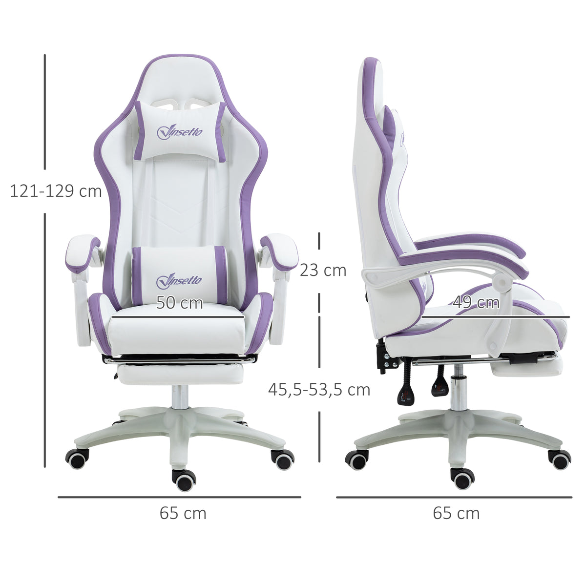 Chaise gaming fauteuil gaming ergonomique avec dossier inclinable à 135° et soutien lombaire, 65 x 65 x 121-129 cm blanc