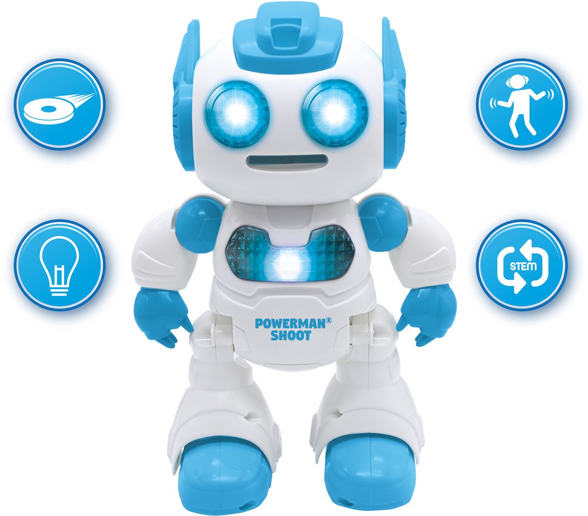 Interaktiver Lernroboter für Kinder in Weiß und Blau mit Licht, Sound und programmierbaren STEM-Funktionen.