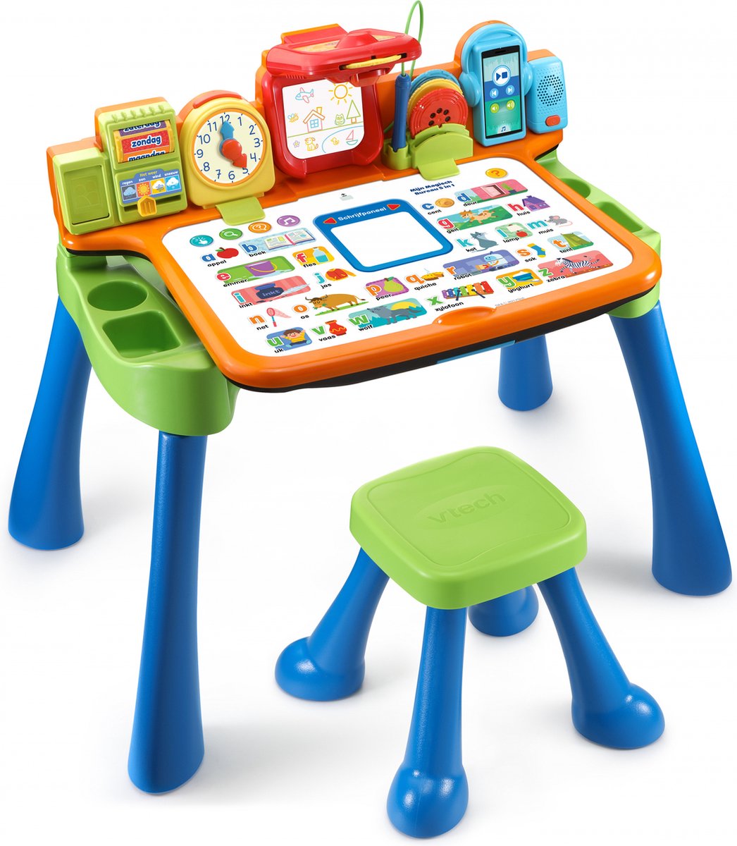 Bunter interaktiver Lerntisch für Kinder mit Hocker, Lernspielen, Buchstaben, Uhr und verschiedenen Aktivitäten.